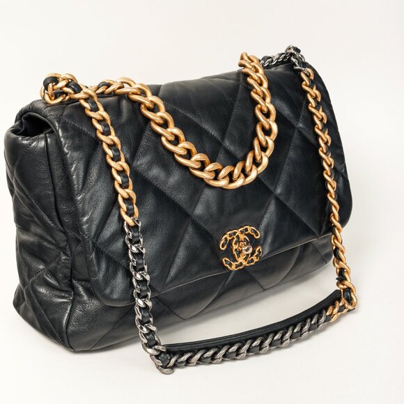 Chanel Maxi 19 Large Classic Two-Tone Chain Black Leather Flap Bag - Picture 1 of 13